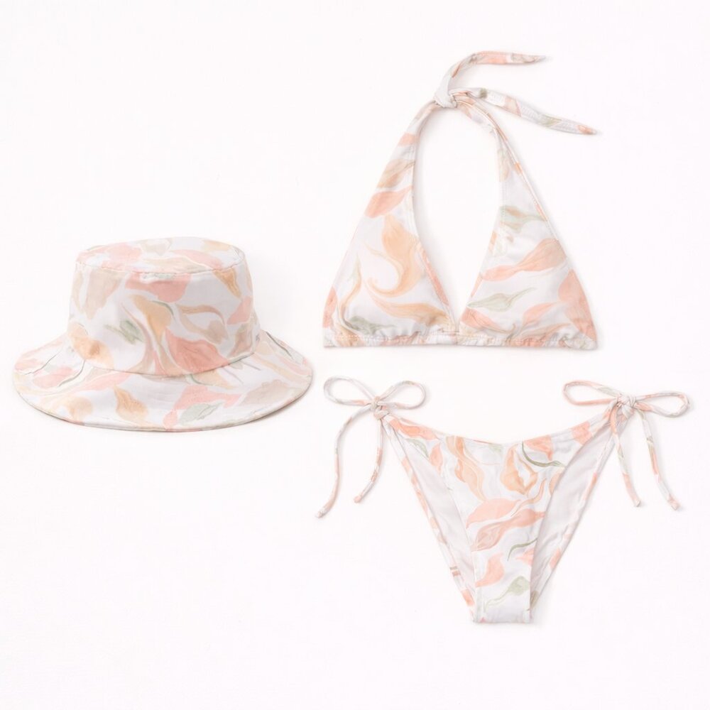 Abercrombie Matching Pastel Floral Triangle Bikini Tie Bottoms & Bucket Hat